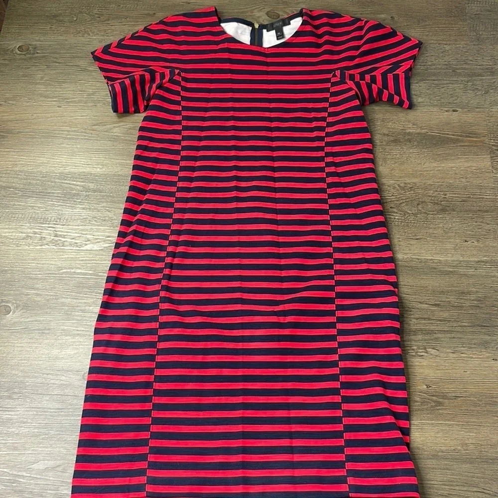 J. Crew Women’s Navy Blue Red Striped Short Sleeve Dress, gold zipper detail, XS - Picture 2 of 9